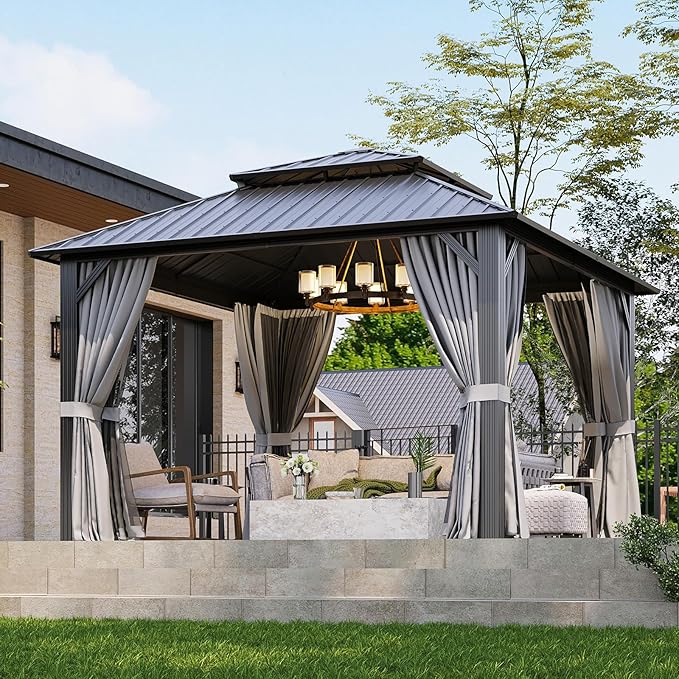 12x12FT Hardtop Gazebo, Metal Frame with Double Galvanized Steel Roof, Permanent Outdoor Pergola with Curtains and Netting Included for Backyard, Patio, Lawn and Garden, Gray