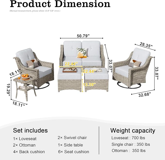 HOOOWOOO 6 Piece Patio Furniture Conversation Sets with Swivel Rocking Chairs,Outdoor Wicker Furniture with Ottoman,All Weather Resistant High Back Rattan Conversational Set(Denim Blue)