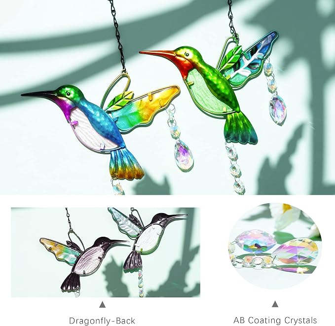 2PCS 18.1" Hummingbird Suncatchers,Stained Glass Window Hanging Ornament | Rainbow Maker Crystal Prism Suncatcher, Window Hanging Ornament, Indoor & Outdoor Home Garden Decor