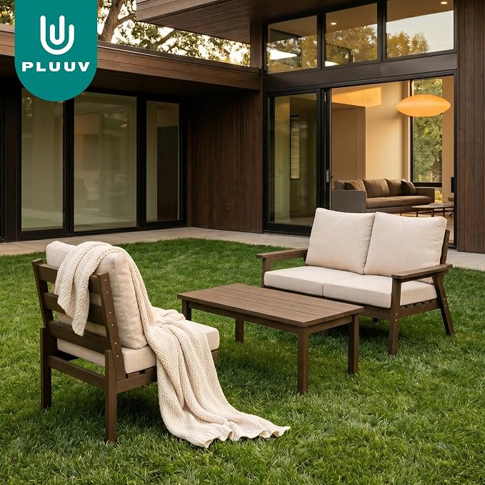PLUUV 4-Piece HDPE Patio Sofa Set, All-Weather Outdoor Sectional Furniture with Thick Cushions, Modular Couch Set for Deck, Lawn, Brown Frame with Khaki Cushion