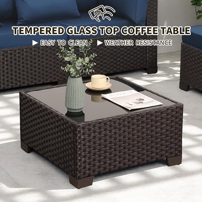 WAROOM Outdoor Patio Furniture Set 7 Pieces Wicker Sectional Sofa Brown Rattan Conversation Couch with Coffee Table, Anti-Slip Thick Nave Blue Cushion