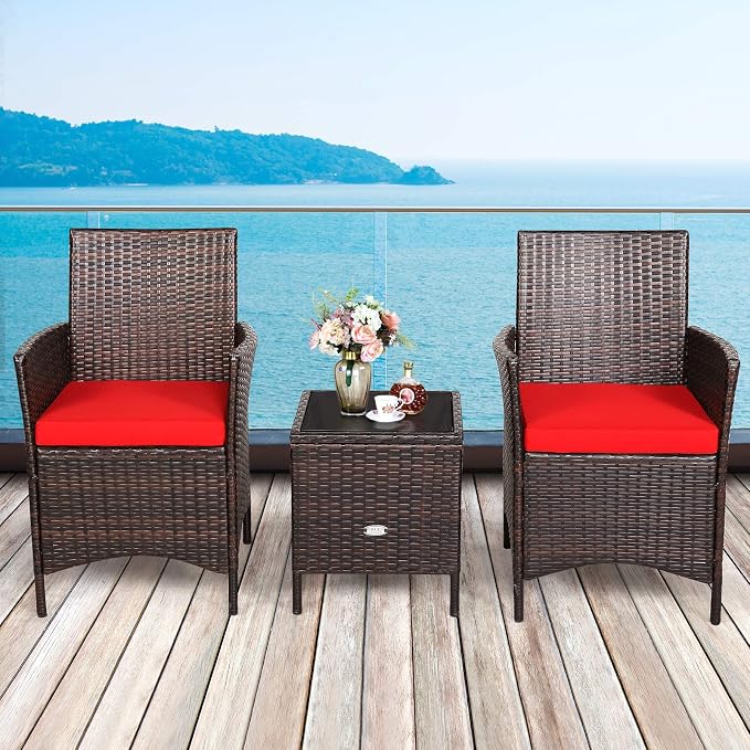 RELAX4LIFE 3 Pieces Patio Rattan Furniture Set with Glass Coffee Table & Cushions Outdoor Conversation Set for Poolside Balcony Backyard Lawn Porch 3 Pieces PE Rattan Patio Set (Red)