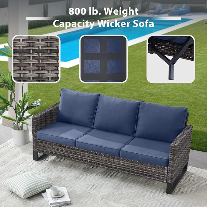 6 Piece Wicker Patio Furniture Set - Outdoor Swivel Rocker Chairs Set with Coffee Table, 3 Seat Sofa & Ottomans, Small Patio Conversation Sets Proch Furniture for Balcony Deck - Grey/Blue