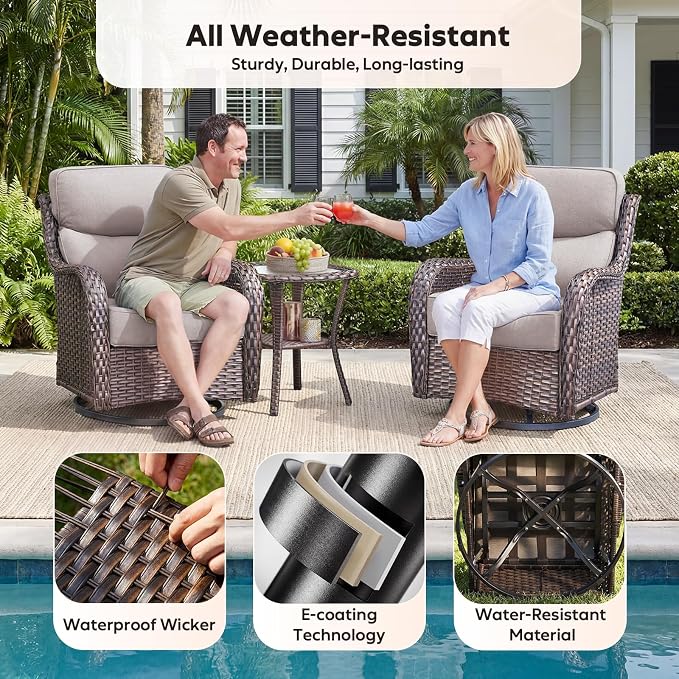 Rilyson Outdoor Swivel Rocker Chairs - All Weather Resistant Wicker Patio Furniture Set of 2 with High Back and 6 inch Thick Cushions for Deck Porch Yard and Poolside, Brown/Beige