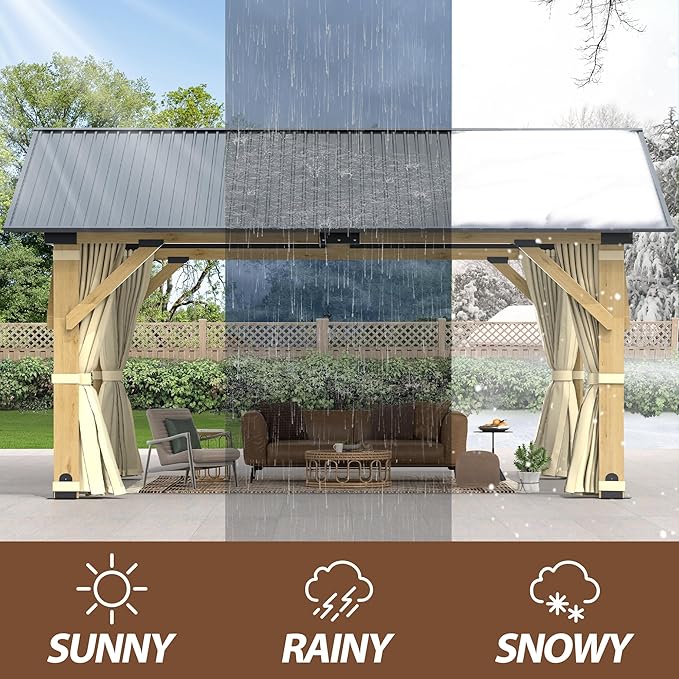 13' x 15' Wood Gazebo, Outdoor Hardtop Gazebo with Netting and Curtains, Cedar Wooden Frame Gazebos with Galvanized Steel Roof for Garden, Patio