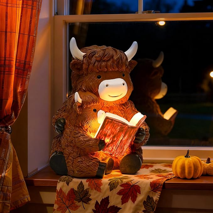 GIGALUMI Solar Highland Cow Decor 8" Garden Statue, Outdoor Decor, Decoration with Light for Patio Yard Lawn Balcony, Christmas/Birthday Gifts for Mom Women