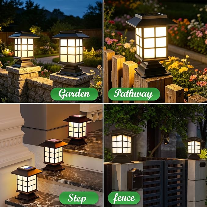 Anordsem Solar Garden Light Outdoor:2 Pack LED Waterproof Post Lighting - Modern Durable Decorative Lights for Lawns Fence Backyards Step with 2 Installation Modes - Gifts for Gardening Enthusiasts