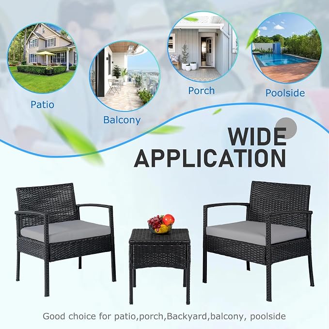 PROHIKER 3 PCS Patio Rattan Conversation Bistro Chairs Set, Outdoor Patio Furniture Wicker Bistro Set with Coffee Table for Garden Porch Balcony Yard Lawn, Gray