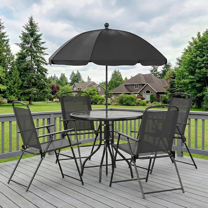 TLSUNNY 6 Pieces Patio Dining Set with 65″ Umbrella, Outdoor Table and Chairs with 31.5″ Round Glass Table, 4 Folding Textilene Chairs, Patio Dining Set W/Steel Frame, for Poolside, Backyard (Black)