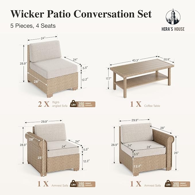 HERA'S HOUSE Patio Furniture Set, All Weather 4 Seats Outdoor Sectional Wicker Sofa with 44" Coffee Table, 5.5" Thick Waterproof Cushion Modular Conversation 5 Pieces Sofa Set for Garden Deck Backyard