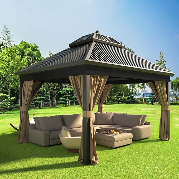 Upgraded 10’x12’ 4-Side Wall Gazebo Privacy Curtains with Zipper for Lowe's Allen Roth #GF-12S004B-1 / GF-12S004BTO / TPGAZ17-002, 4-Panels Curtains Replacement for 10-ft x 12-ft Gazebo (Khaki)
