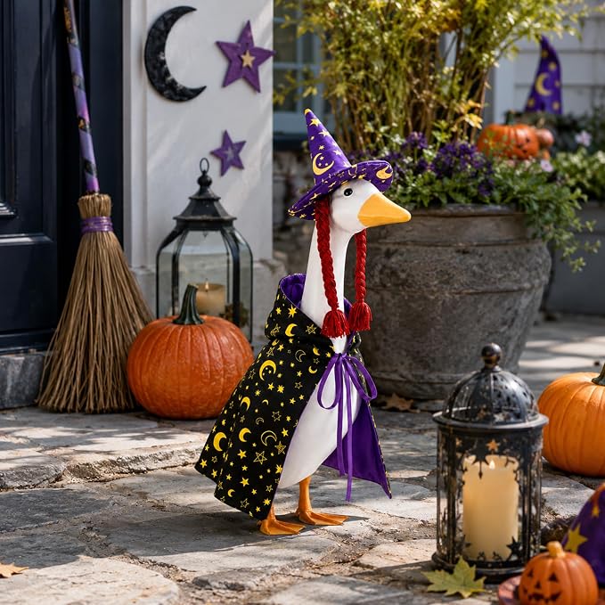 Watayo 2 Pcs/Set Halloween Witch Porch Goose Outfits, Purple Witch Goose Clothes Included Cape and Braid Hat, Spooky Porch Goose Accessories for 23 Inch Lawn Statue Garden Outdoor Decor