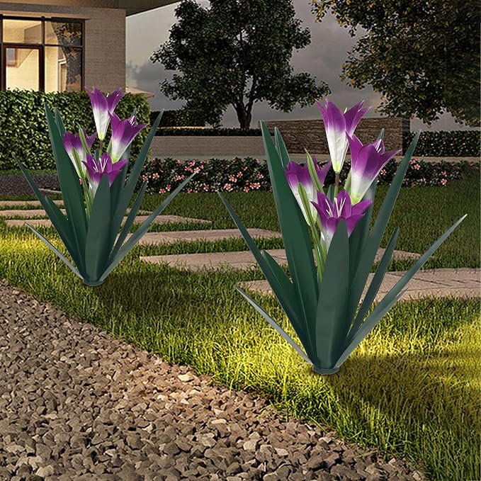 Homight Metal Agave Plant Outdoor Decoration Lily Mexican Yard Art Garden Gift Home Decor Hand Painted Metal Agave Garden Yard Statue, Outdoor Lawn Ornaments(3 Big Purple Lilies)