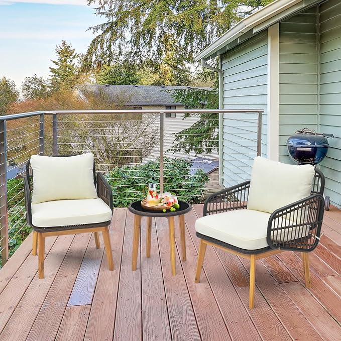 DORTALA 3 Piece Wicker Patio Furniture Set, Wood & Rattan Chairs and Table Sets with Cushions, Outdoor Conversation Set for Porch, Backyard, Poolside