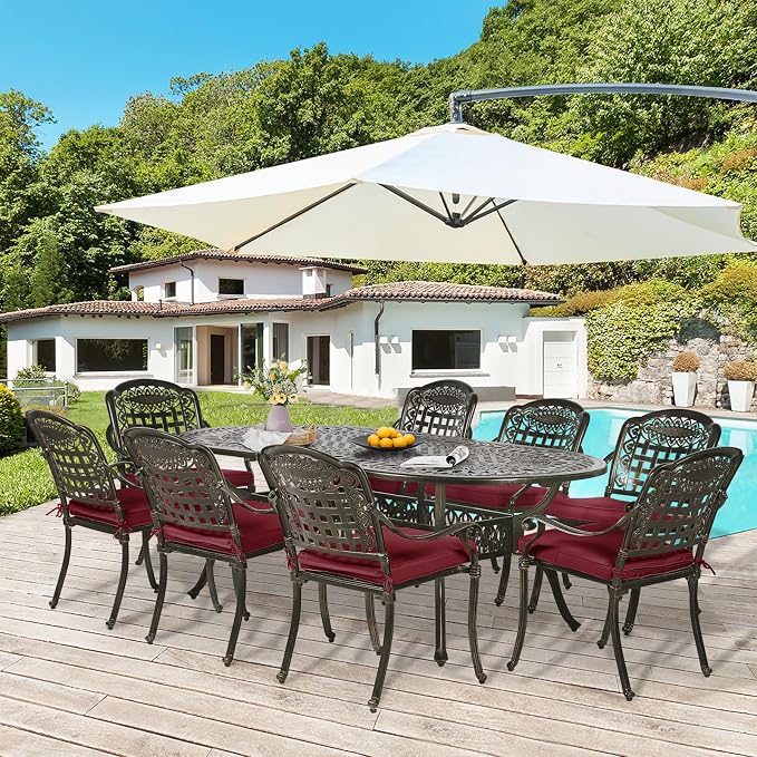 9-Piece Patio Dining Set, Outdoor Patio Table and Chair Set of 84” Oval Cast Aluminum Dining Table with Umbrella Hole and 8 Outdoor Dining Cushion Chairs, Patio Funiture Set for Garden, Red