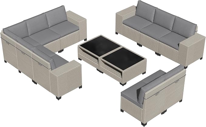 12-Piece Outdoor Patio Furniture Set, Modular Sectional Sofa Set with Glass Coffee Table and Cushions, Wicker Outdoor Couch Conversation Sets, Gray