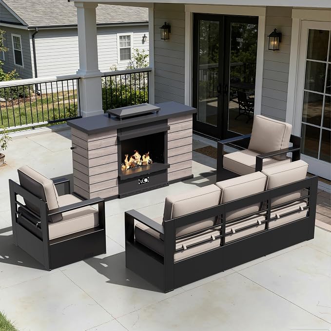Outdoor Aluminum Furniture Set, 4-Piece Patio Conversation Set, 2 Chairs, 1 Sofa and 1 Fireplace, All-Weather Metal Frame, 6" Thick Removable Cushions, Deep Setting for Garden, Poolside and Porch
