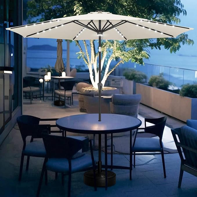 FLAME&SHADE 9 FT Outdoor Umbrella with 40LED Lights, Solar Light Patio Umbrella with Centre Surround Light, Table Market Umbrella Outdoor Patiofor Deck, Pool, Backyard, Garden (Ivory)