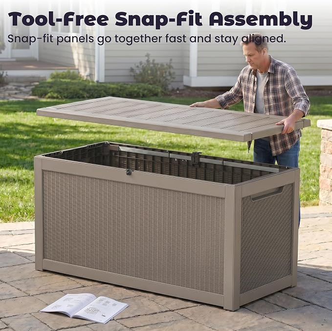 PatioZen 330 Gallon Outdoor Storage Box, Heavy Duty Resin Large Deck Box Organization for Garden Tools & Pool Accessories, Hydraulic Lift, All-Season UV-Resistant, Grey