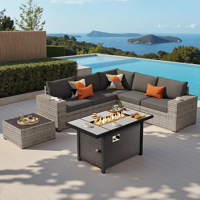 7-Piece Patio Furniture Set, Outdoor Wicker Rattan Patio Furniture Sectional Set with Coffee Table, All Weather Outdoor Fire Pit Conversation Set for Porch Backyard Balcony Garden, Black