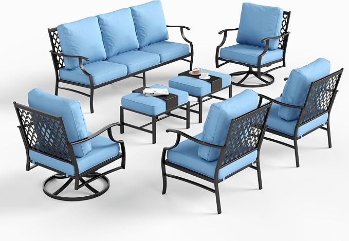 SUNSHINE VALLEY 7 Piece Metal Outdoor Patio Furniture Set, Patio Conversation Sets 1 3-seater Sofa, 2 Fixed Chairs, 2 Swivel Chairs, 2 Ottomans with 5.75" Thick Cushion, Black Backyard Furniture, Blue