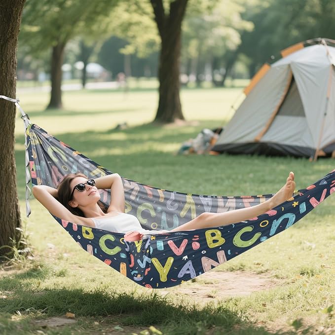 Camping Hammock Outdoor Hammocks for Outside English Hand Drawn Beach Trees Portable Lightweight with Pockets Tree Straps Indoor