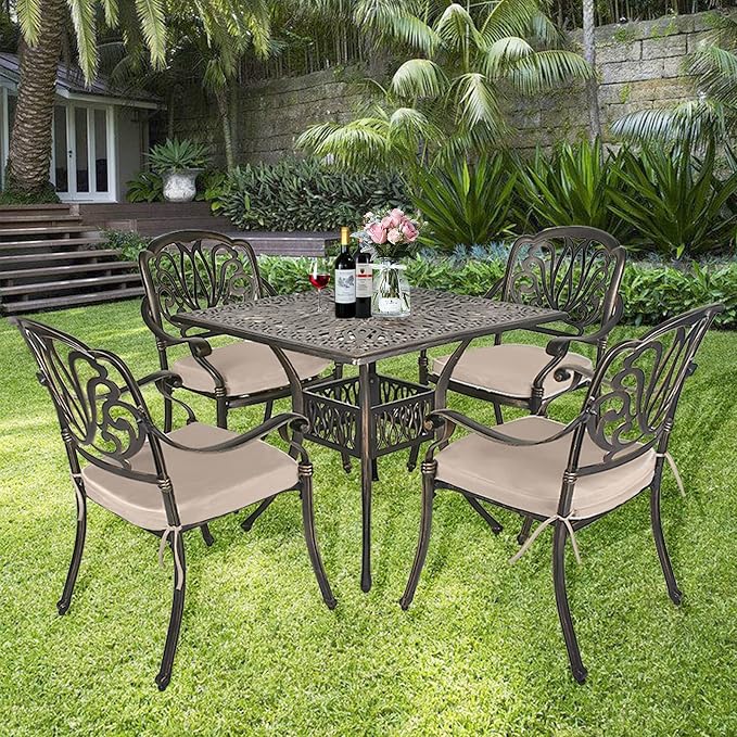 TITIMO 5-Piece Outdoor Patio Dining Set, Cast Aluminum Patio Furniture Set, 4 Chairs with Khaki Cushions and 35.4" Square Table, Cast Aluminum Conversation Set for Yard, Garden, Porch, Poolside