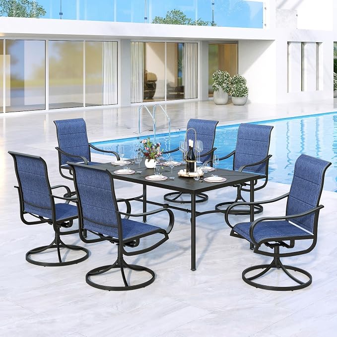 MFSTUDIO Patio Dining Set for 6, Outdoor Dining Set with Metal Table and Swivel Chairs, Patio Table and Chairs Set for Deck Backyard Poolside Garden