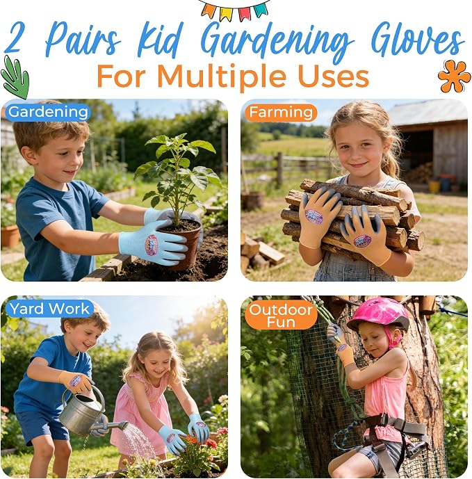 HANDLANDY 2 Pairs Kids Gardening Gloves, Grippy Kids Work Gloves, S | Foam Nitrile Coated Children Toddler Garden Yard Work Cycling Outdoor Playing Gloves for Girls Boys