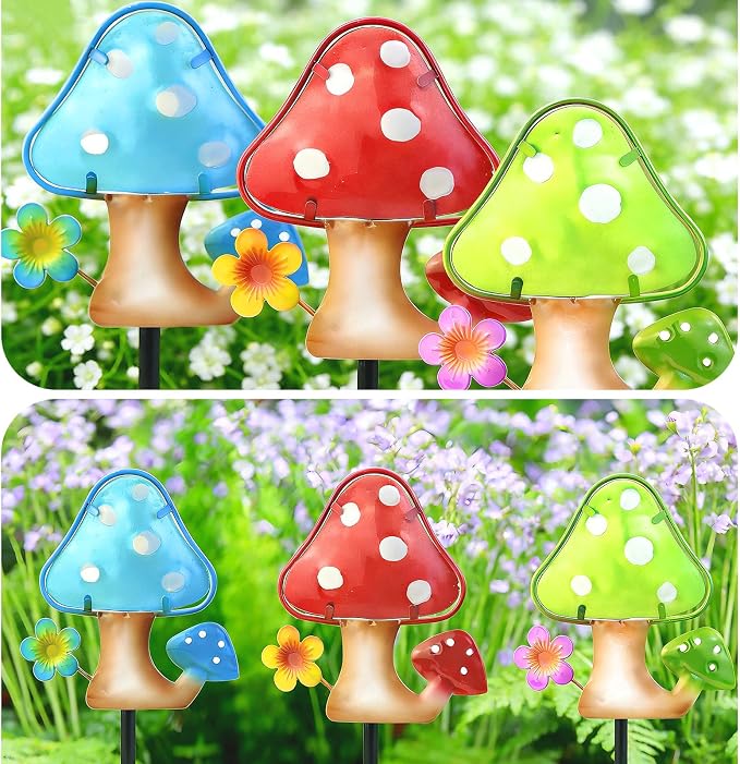 LEGIFO Garden Decor Mushroom Stakes Set of 3, Metal & Glass 10″, Outdoor Mushroom Stake for Backyard Lawn Decor, Funny Yard Art Decorations for Mom Grandma Women Mother’s Day