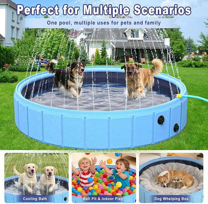 Foldable Dog Pool with Sprinkler, 87 in Extra Large Dog Swimming Pool, 2-in-1 Outdoor Collapsible Pet Bathing Tub for Pets Dogs Cats and Kids