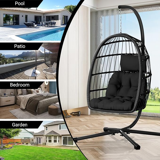 CHABATREE Egg Chair with Stand,Patio Rattan Wicker Hanging Swing Egg Chair Hammock Chair for Bedroom Porch Garden,Thickened Aluminum Alloy Steel Frame and UV Resistant Cushion,350LBS Capacity