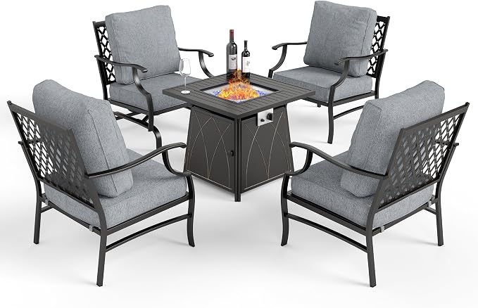MIXPATIO Patio Furniture Set with Fire Pit Table, 5 Pcs Metal Outdoor Conversation Set, 4 Single Chairs with 5.75" Extra Thick Cushion and 28" Fire Pit Table for Backyard Deck, Grey