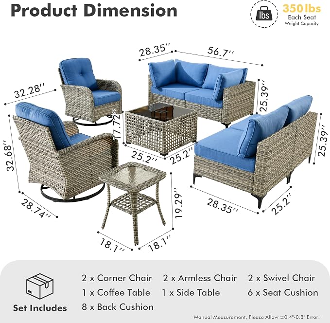 8 Pieces Wicker Patio Furniture Set,Outdoor Sectional Sofa with Swivel Chairs Coffee Table,Outside Deep Seat Rattan Couch Conversation Set,Denim Blue