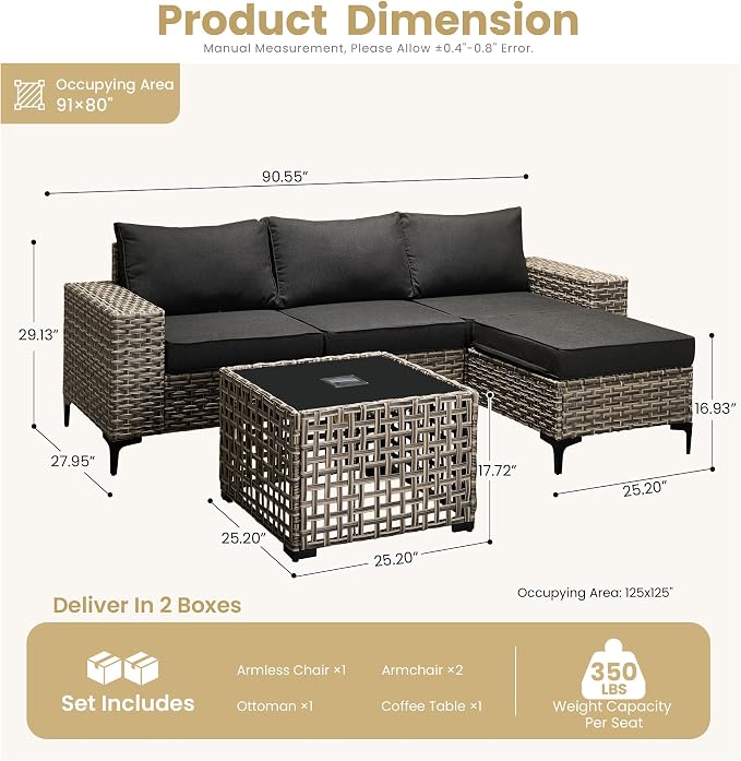 HOOOWOOO 5 Pieces Patio Furniture Set,L Shaped Outdoor Sectional Couch with Solar Table, Pe Wicker All Weather Outside Conversation Sofa Ottoman Set,Black