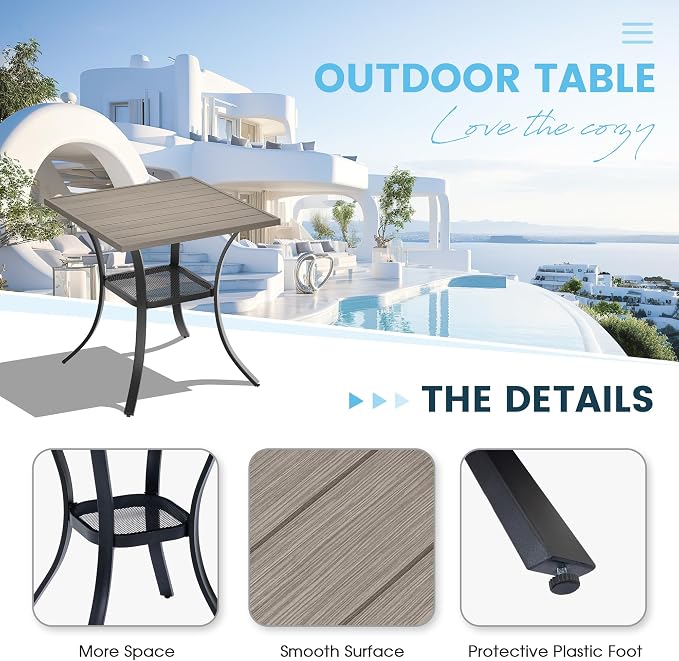 3 Pieces Patio Dining Set, 28" Square Dining Table with Storage Shelf, 2 Stackable Textilene Fabric Chairs, Metal Structure for Patio, Porch, Garden(Grey Table, Grey Chair)