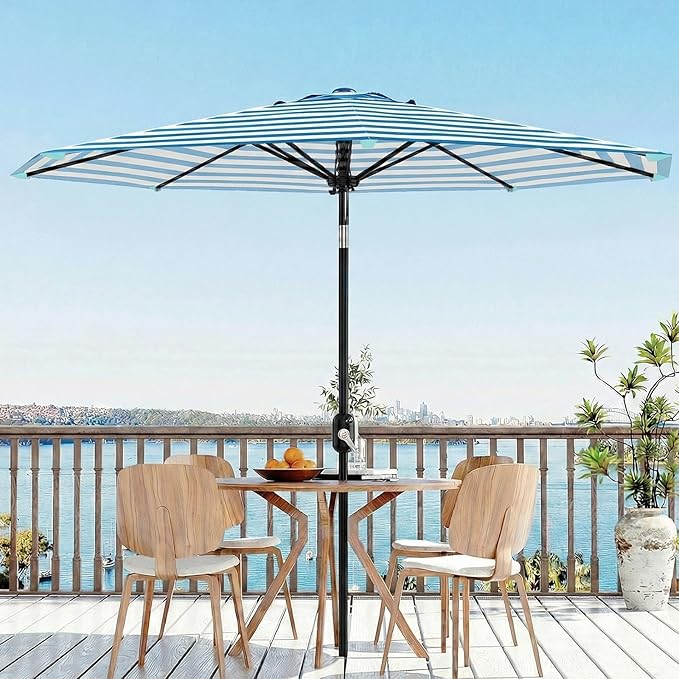 Garvee 10 ft Outdoor Patio Umbrella 8 Sturdy Ribs Outdoor Table Umbrella with Crank Lift & Push Button Tilt UV Protection Waterproof Market Umbrellas for Pool, Deck, Yard, Garden, Blue Stripes