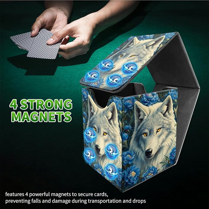 Purple Flower Wolf Card Deck Box for MTG, Personalized Card Storage Case Fits 120+ Sleeved Cards, Premium Leather TCG Box with Strong Magnetic Closure for Magic, CCG, PTCG, Baseball Cards
