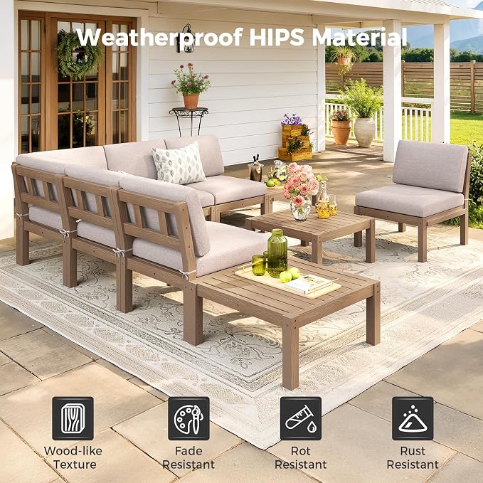 Modular Outdoor Patio Furniture Coffee Table, HIPS All-Weather Outdoor Sectional Sofa Table, Side Interlock for Expansion, Patio Side Table for Backyard, Balcony, Deck (Teak)