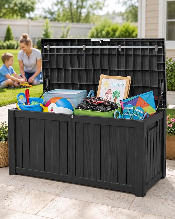155 Gallon Waterproof Outdoor Storage Box, Large Lockable Deck Box, Indoor Outdoor Resin Storage Bench with Hydraulic Rod for Patio Furniture/Cushions/Garden Tools/Backyard/Pool Accessories, Black