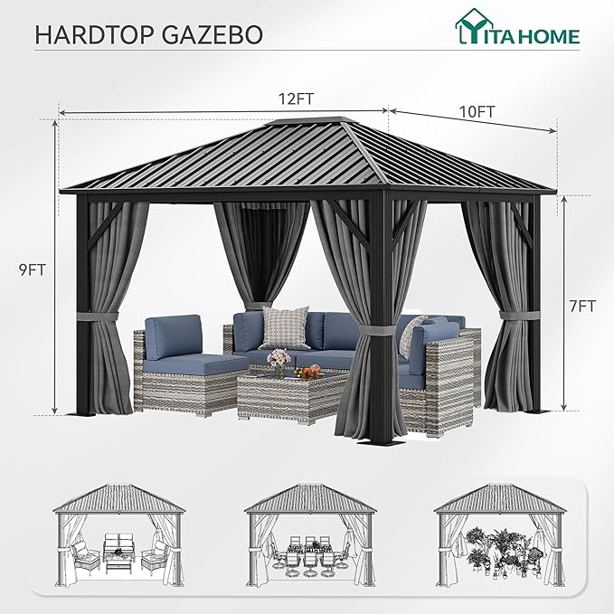 YITAHOME 10X12FT Single Hardtop Metal Gazebo Top Outdoor Patio Canopy Galvanized Iron Aluminum Column Garden Tent Curtains Netting for Backyards Decks Lawns,Gray