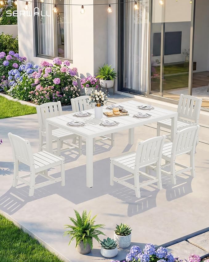SERWALL 10-Piece Patio Dining Sets with 15FT Patio Umbrella, 60" - 83" Expandable Outdoor Dining Table and 8 HDPE Chairs, All Weather HDPE Outdoor Furniture Set, White (Umbreall Base not Included)