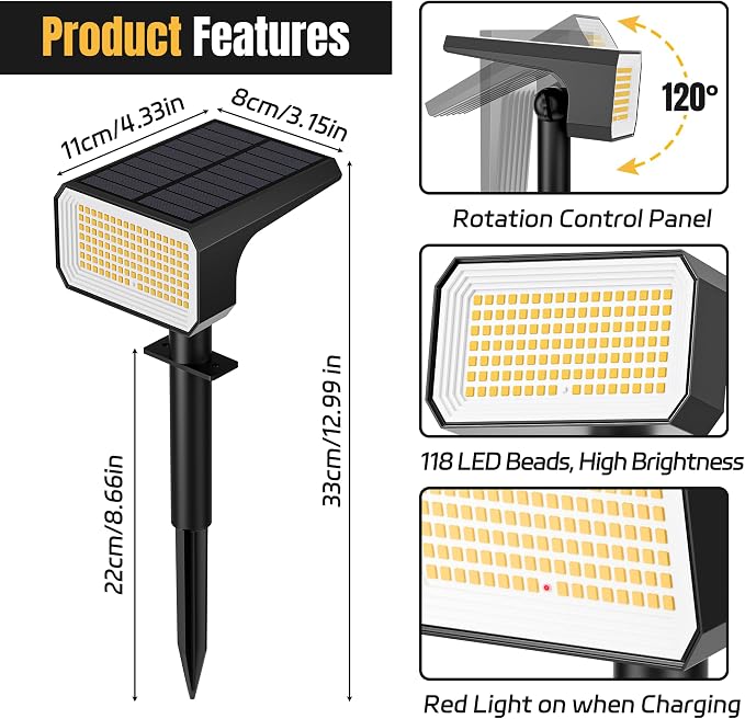 Solar Spot Lights Outdoor Waterproof, 4 Pack, 118 LED Warm White | IP67, 4 Modes Auto On/Off, for Yard Garden Pathway Walkway Tree Patio Driveway