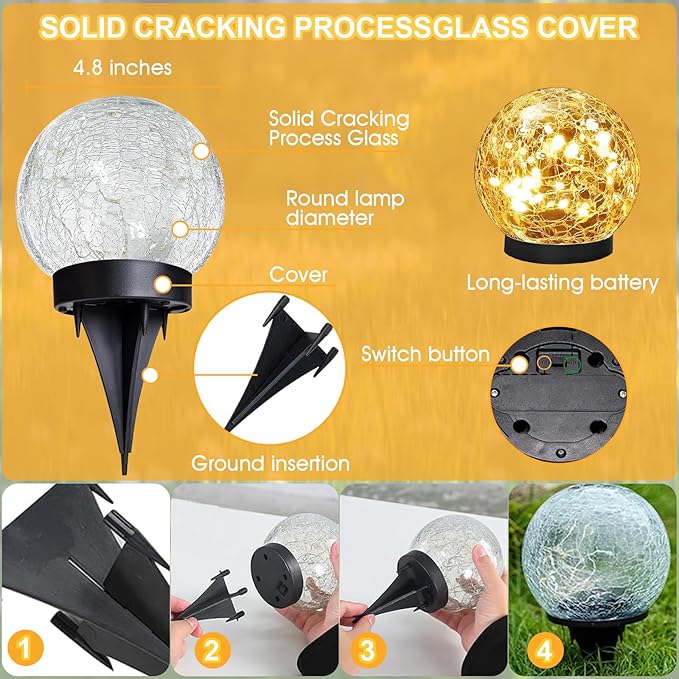 Solar Lights Outdoor Waterproof 30LEDS, 2 Pack Cracked Glass Solar Globe Lights Outdoor with Auto On/Off, Outside Decorations for Yard,Garden,Patio, Pathway,Landscape - Warm White