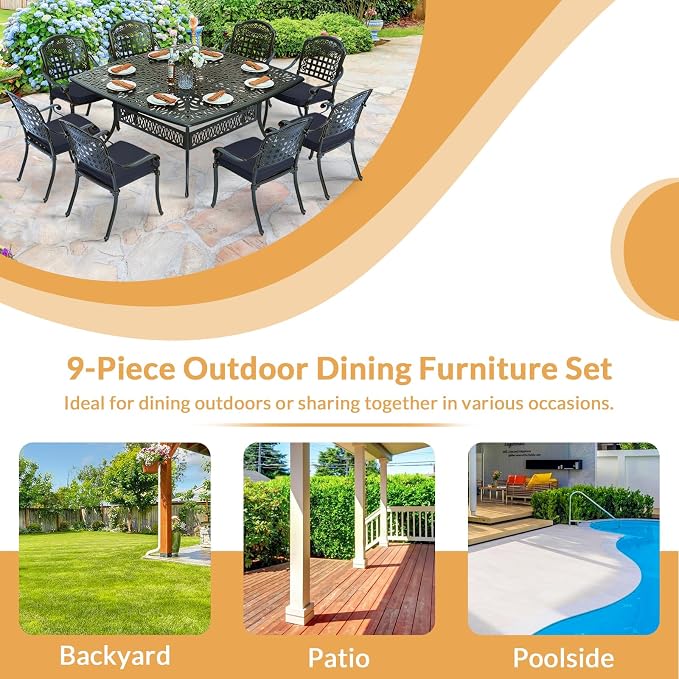 9 Piece Outdoor Patio Dining Set for 8, Cast Aluminium Large Square Dining Table & 8 Cushioned Stackable Chairs, Umbrella Hole, Patio Furniture Set for Garden Porch Poolside, Navy Blue