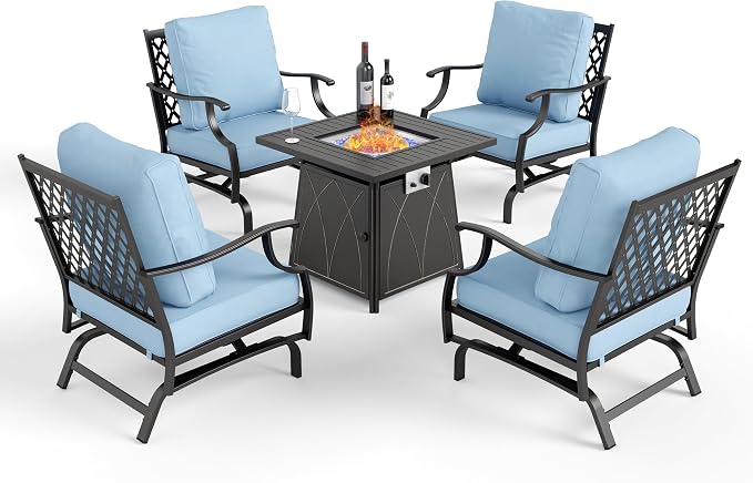 MIXPATIO Patio Furniture Set with Fire Pit Table, 5 Pcs Metal Outdoor Conversation Set, 4 Rocking Chairs with 5.75" Extra Thick Cushion and 28" Fire Pit Table for Backyard Deck, Blue