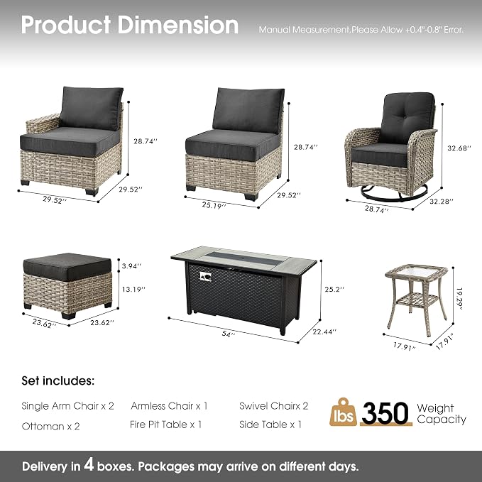 Wicker Patio Furniture Set with Fire Pit Table,9 Pieces Outdoor Sectional with Swivel Chairs Ottoman,Out Door Furniture Conversation Set,Black