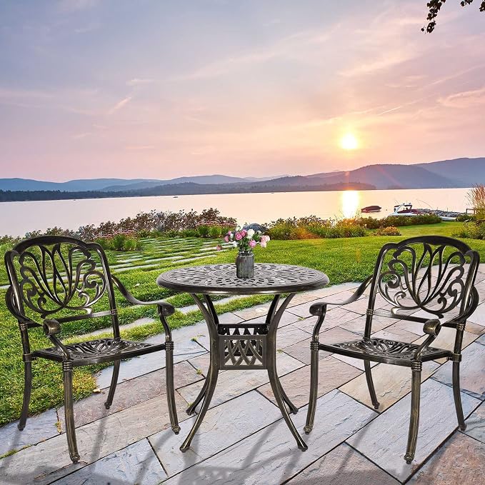3-Piece Outdoor Patio Dining Set, All-Weather Cast Aluminum Patio Furniture Set for Backyard Garden Deck with 2 Chairs and 31” Round Table, 2" Umbrella Hole