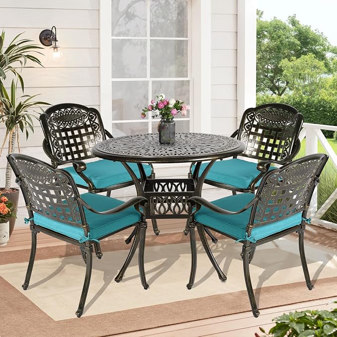 5-Piece Outdoor Patio Dining Set, All-Weather Cast Aluminum Patio Furniture Set for Backyard Garden Deck with 4 Chairs, 4 Cushions and 35.4" Round Table, 2" Umbrella Hole, Blue