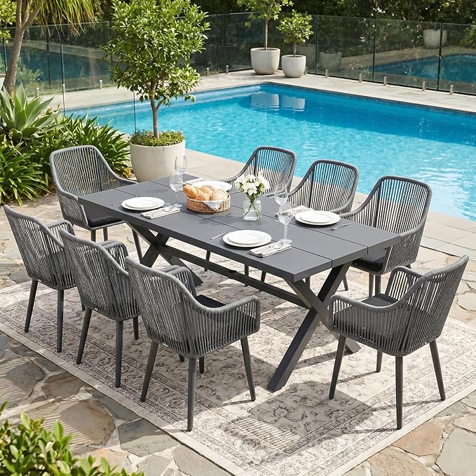 Patiorama 9-Piece Outdoor Patio Dining Set, Patio Dining Table Chair Set for 8, Patio Wicker Dining Furniture Set with 76'' Aluminum Rectangular Dining Table & Twisted Rattan Chairs for Garden, Grey